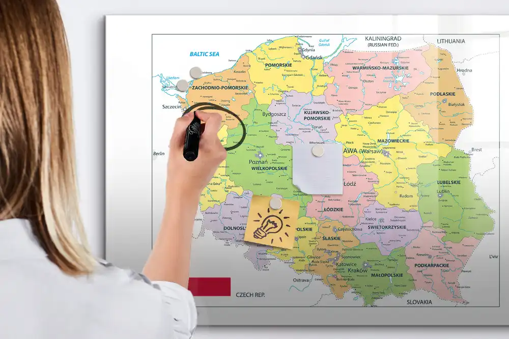 Tableau blanc magnétique effaçable à sec avec motif de carte de Pologne