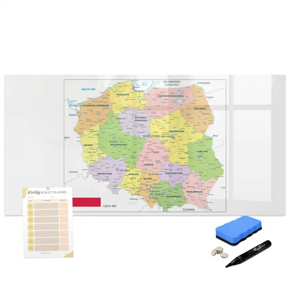 Tableau blanc magnétique effaçable à sec avec motif de carte de Pologne
