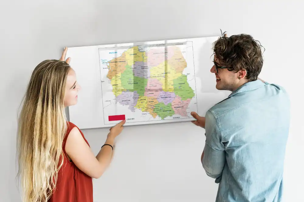 Tableau blanc magnétique effaçable à sec avec motif de carte de Pologne