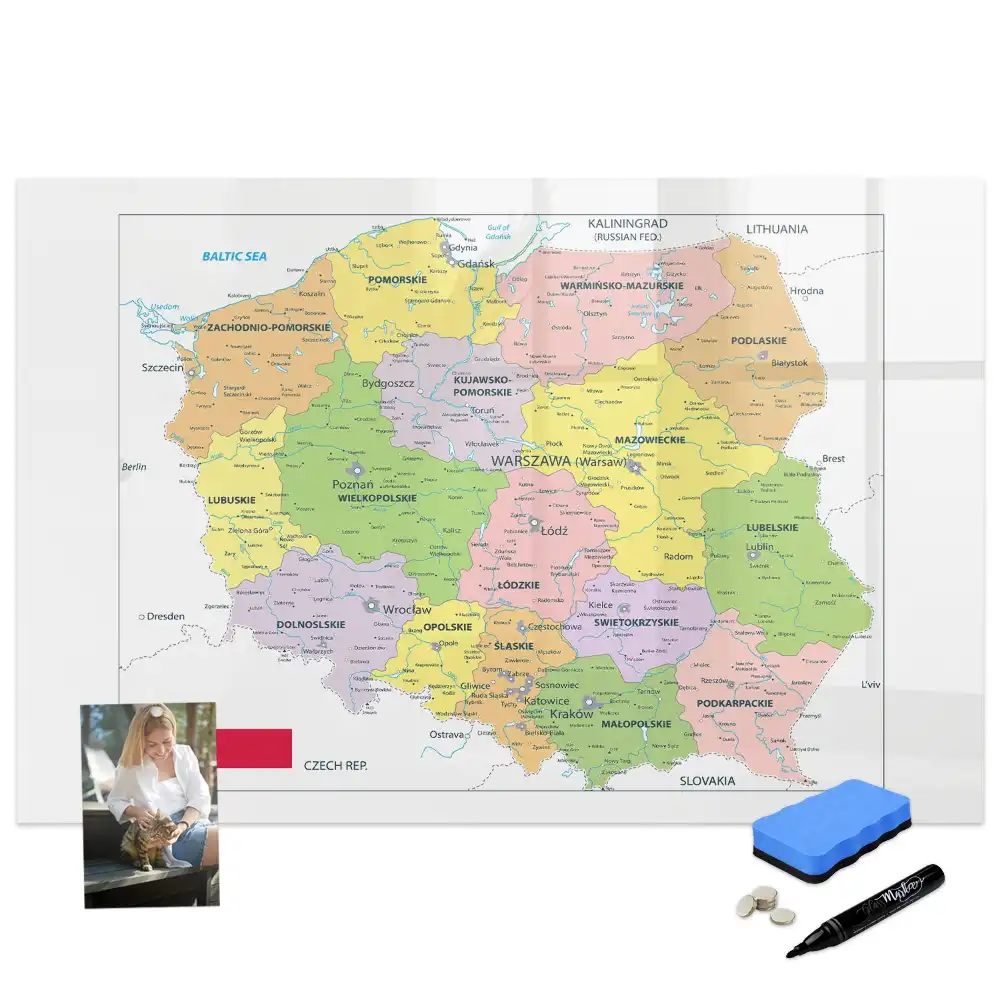 Tableau blanc magnétique effaçable à sec avec motif de carte de Pologne