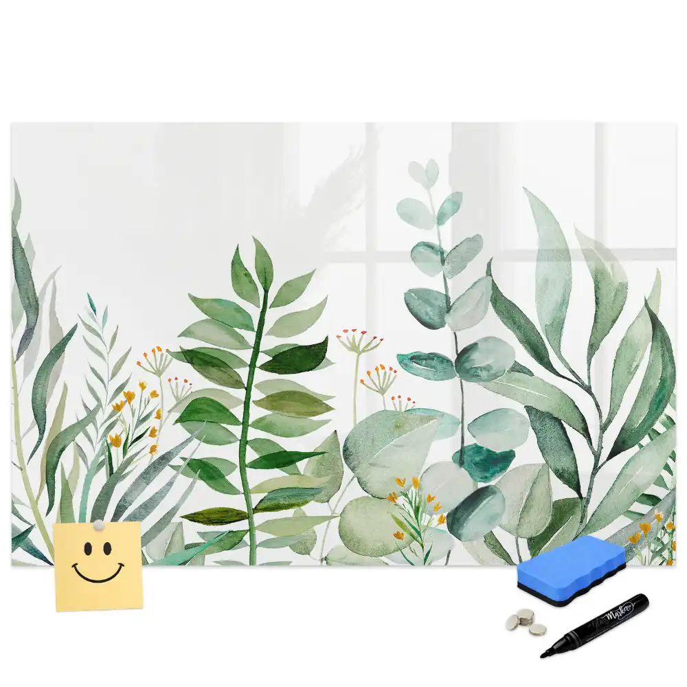 Tableau blanc magnétique effaçable à sec motif brindilles et feuilles aquarelle