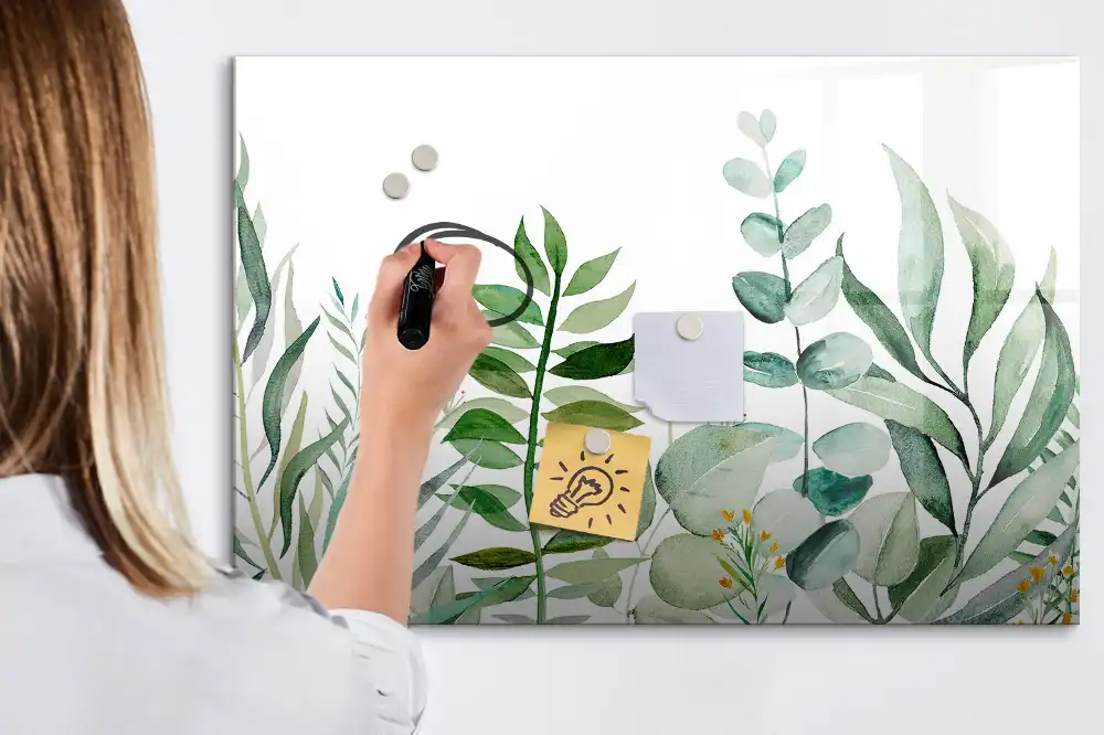 Tableau blanc magnétique effaçable à sec motif brindilles et feuilles aquarelle
