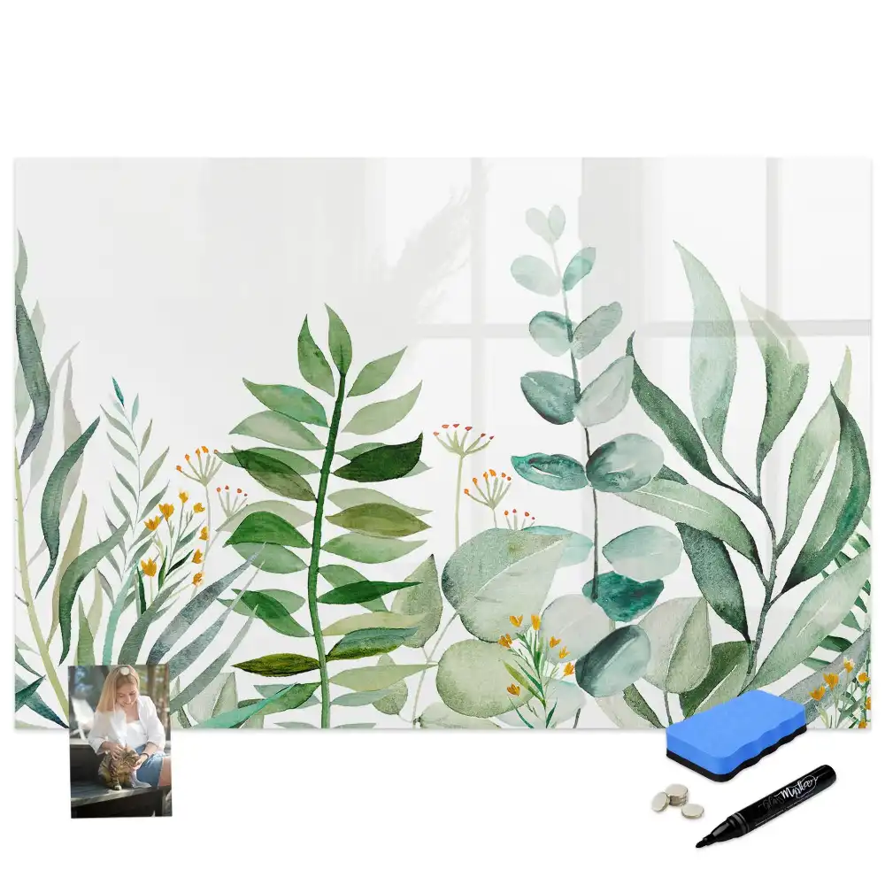 Tableau blanc magnétique effaçable à sec motif brindilles et feuilles aquarelle