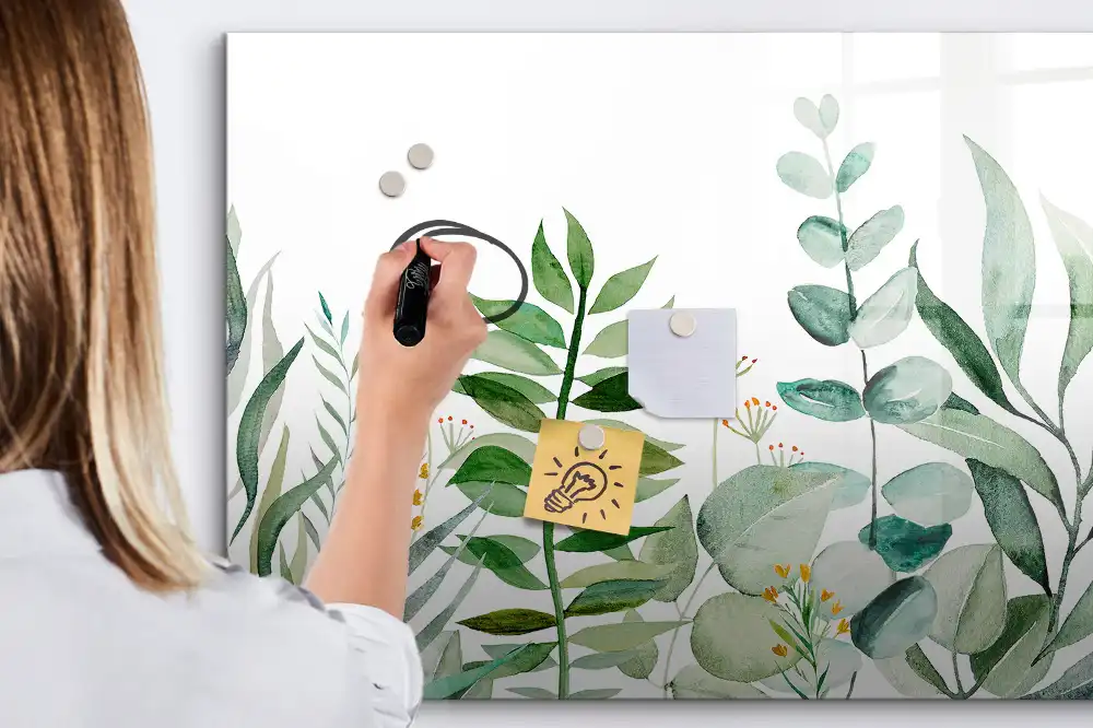 Tableau blanc magnétique effaçable à sec motif brindilles et feuilles aquarelle