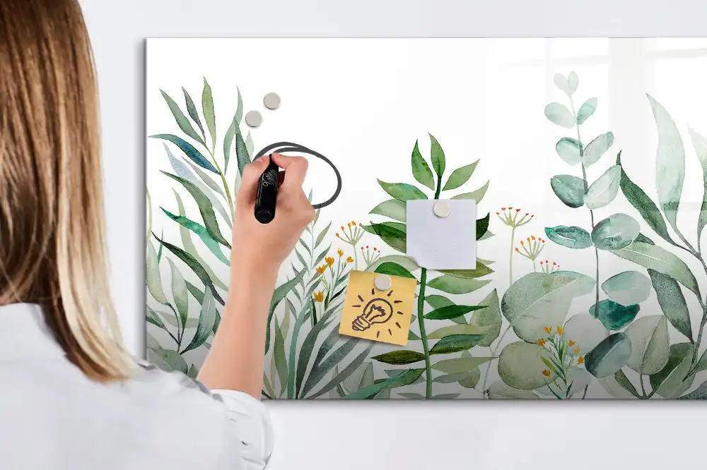 Tableau blanc magnétique effaçable à sec motif brindilles et feuilles aquarelle