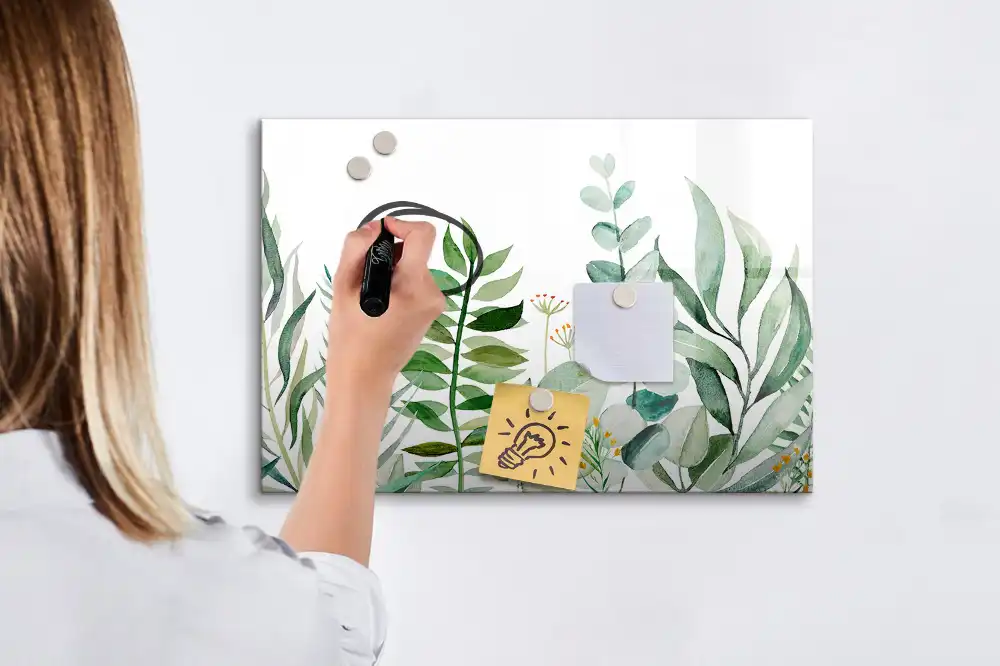 Tableau blanc magnétique effaçable à sec motif brindilles et feuilles aquarelle