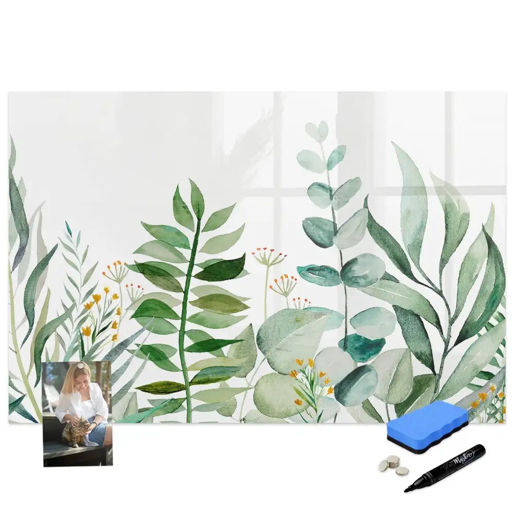 Tableau blanc magnétique effaçable à sec motif brindilles et feuilles aquarelle