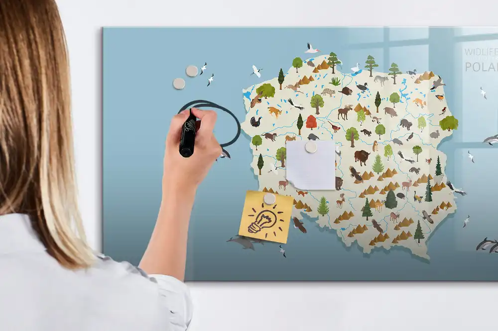 Tableau magnétique à dessiner illustré avec la carte de la Pologne et des animaux