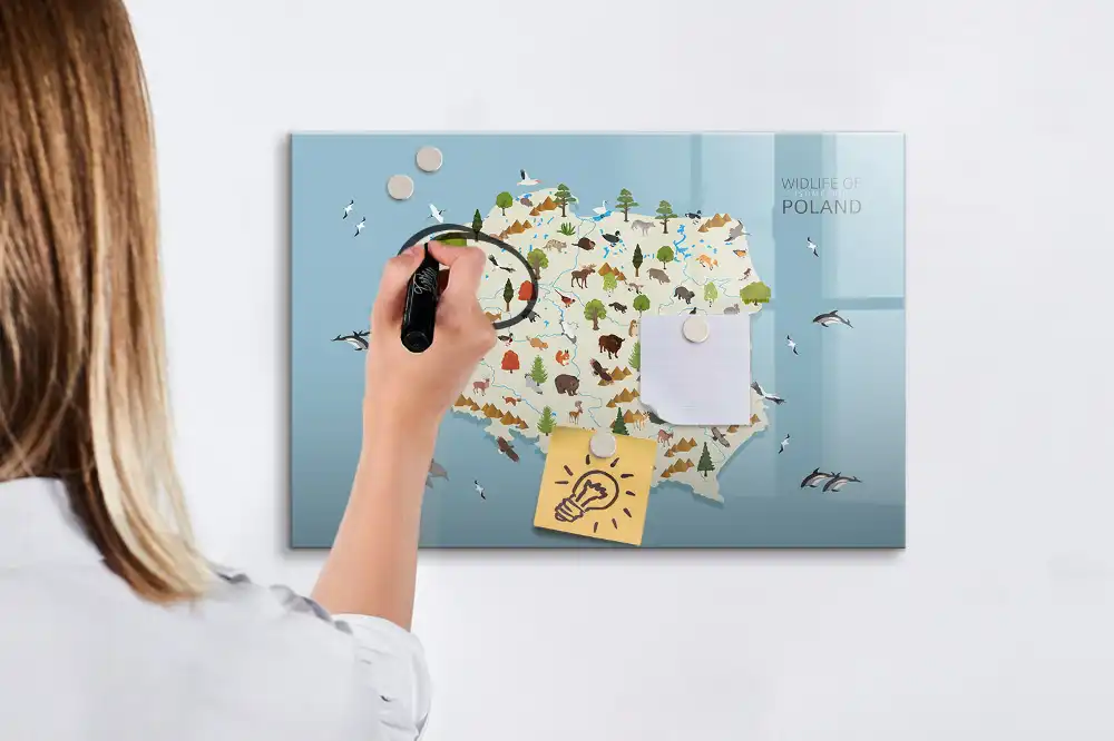 Tableau magnétique à dessiner illustré avec la carte de la Pologne et des animaux