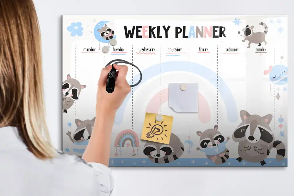 Tableau blanc magnétique effaçable à sec avec calendrier hebdomadaire pour enfants