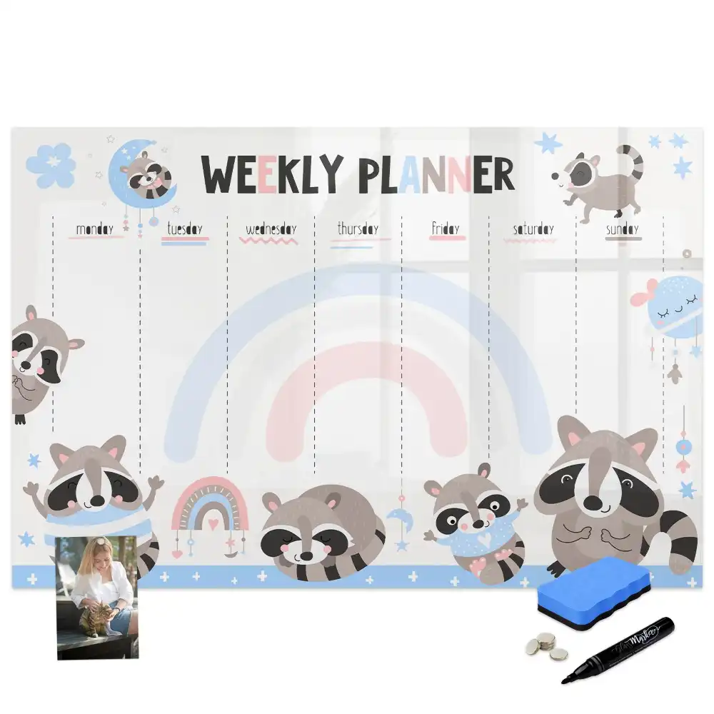 Tableau blanc magnétique effaçable à sec avec calendrier hebdomadaire pour enfants