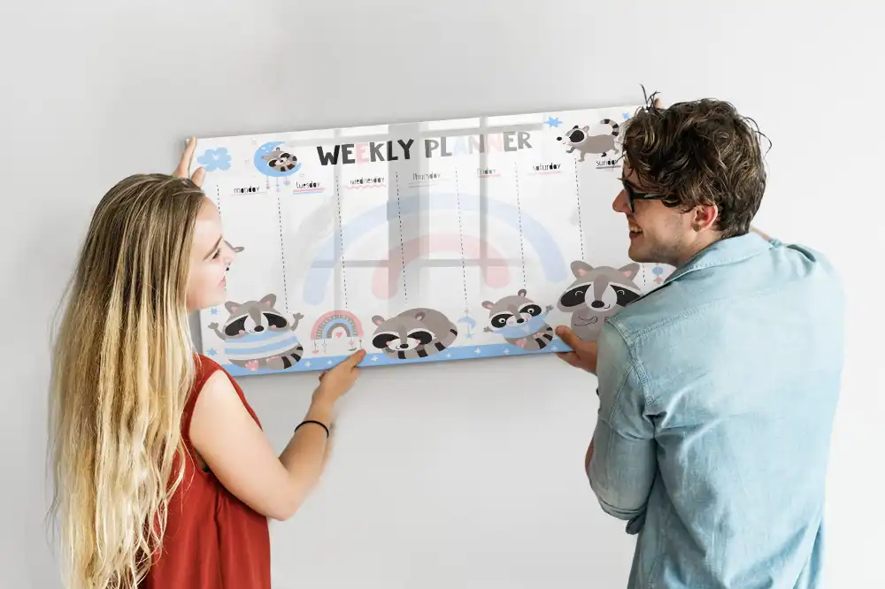 Tableau blanc magnétique effaçable à sec avec calendrier hebdomadaire pour enfants