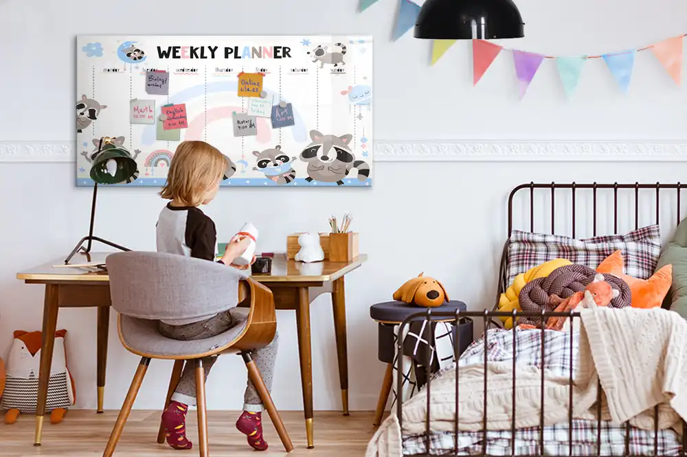 Tableau blanc magnétique effaçable à sec avec calendrier hebdomadaire pour enfants