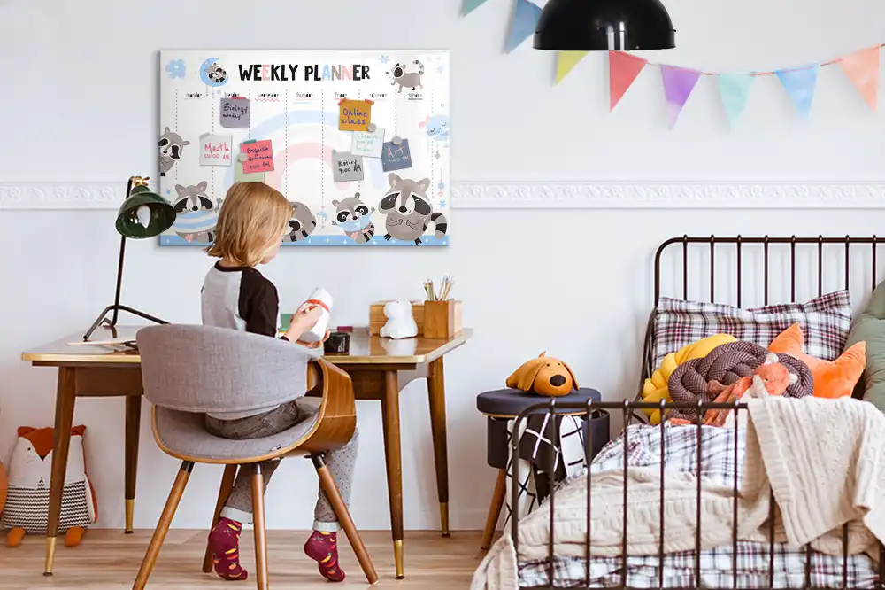 Tableau blanc magnétique effaçable à sec avec calendrier hebdomadaire pour enfants
