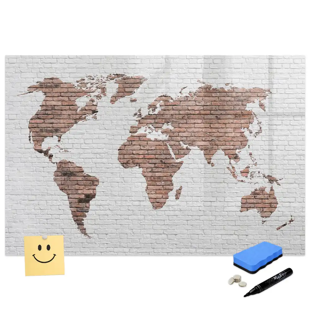 Tableau magnétique pour écriture motif continents sur fond de briques