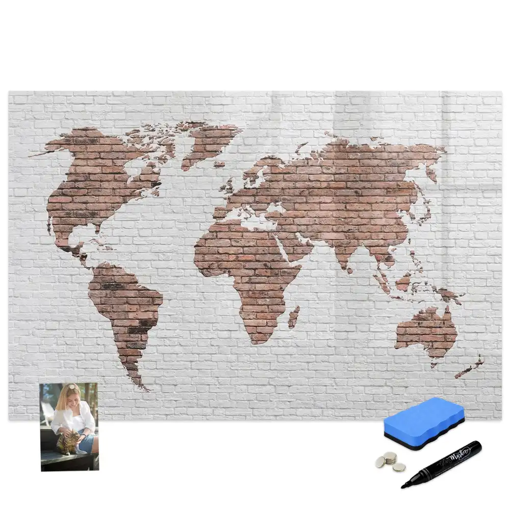 Tableau magnétique pour écriture motif continents sur fond de briques