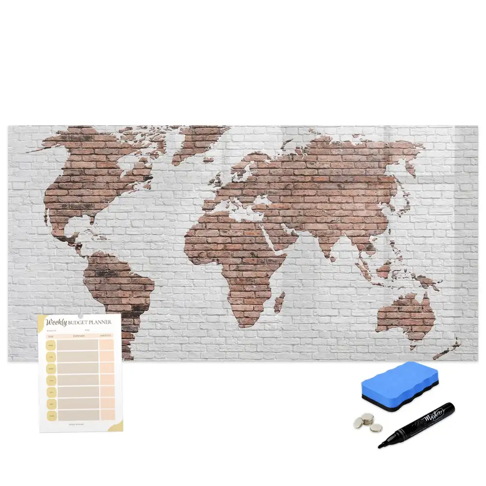 Tableau magnétique pour écriture motif continents sur fond de briques