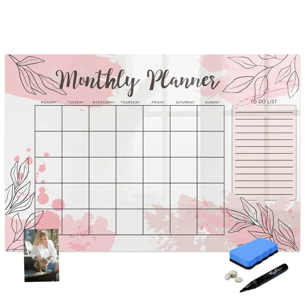 Tableau magnétique calendrier mensuel rose pour écriture