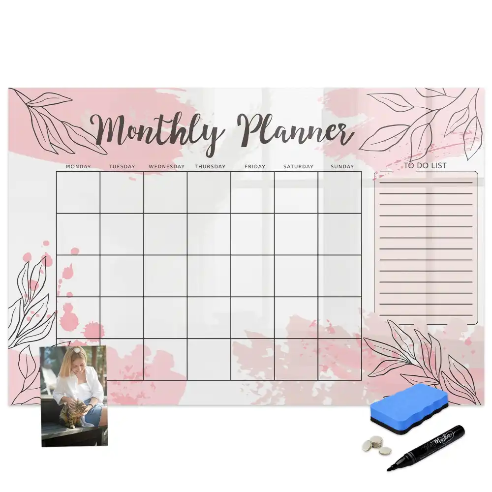 Tableau magnétique calendrier mensuel rose pour écriture