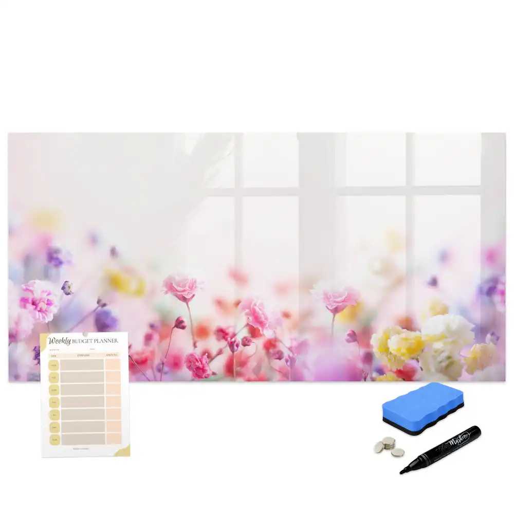 Tableau blanc magnétique effaçable à sec motif fleurs dans une prairie verte