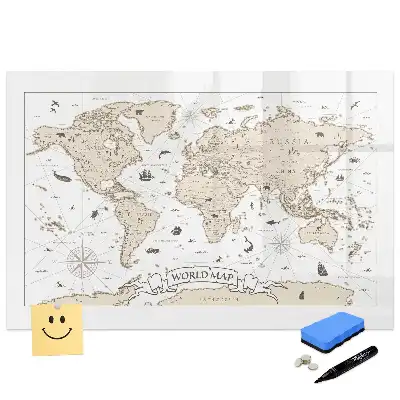 Tableau blanc magnétique effaçable à sec avec carte du monde ancienne