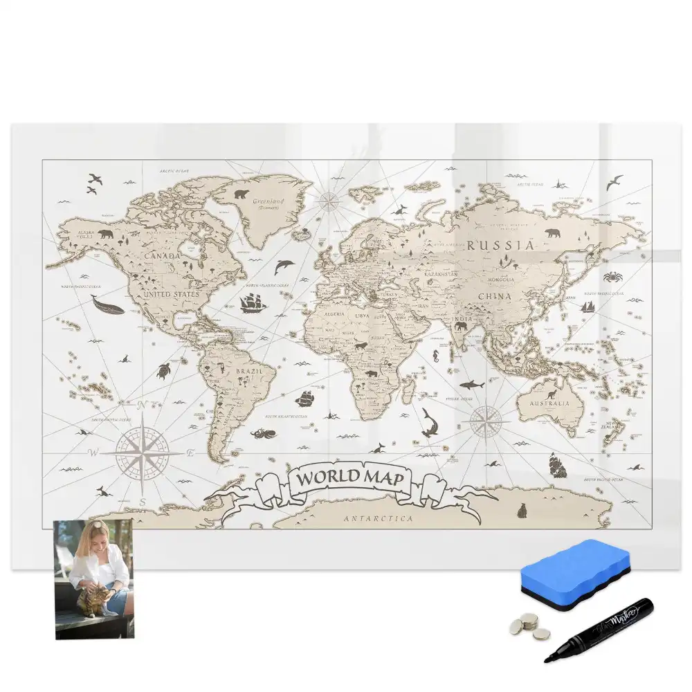 Tableau blanc magnétique effaçable à sec avec carte du monde ancienne