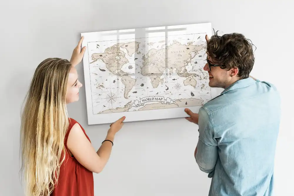 Tableau blanc magnétique effaçable à sec avec carte du monde ancienne