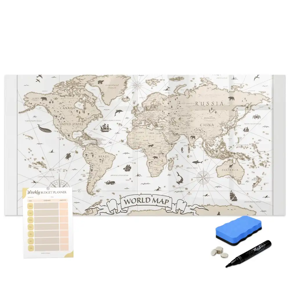 Tableau blanc magnétique effaçable à sec avec carte du monde ancienne