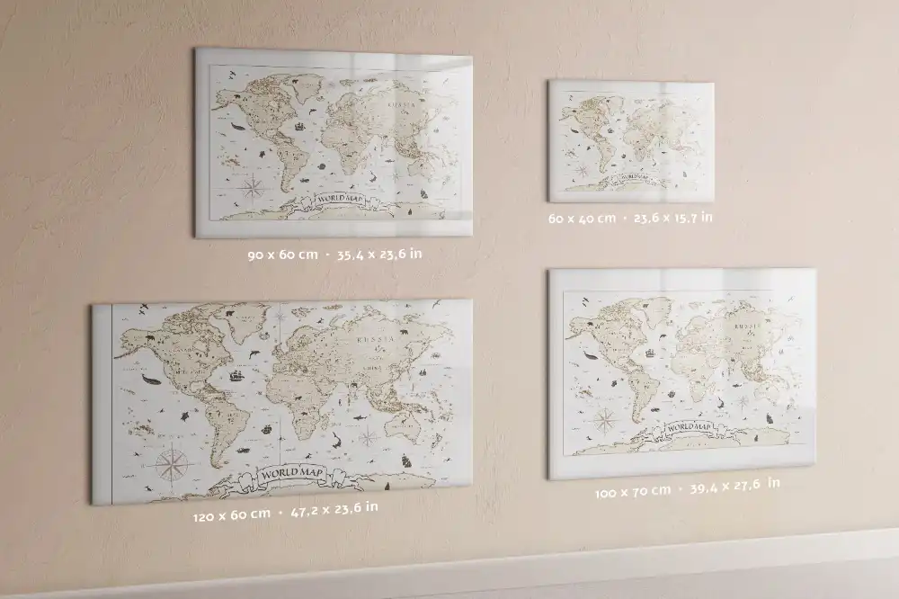 Tableau blanc magnétique effaçable à sec avec carte du monde ancienne