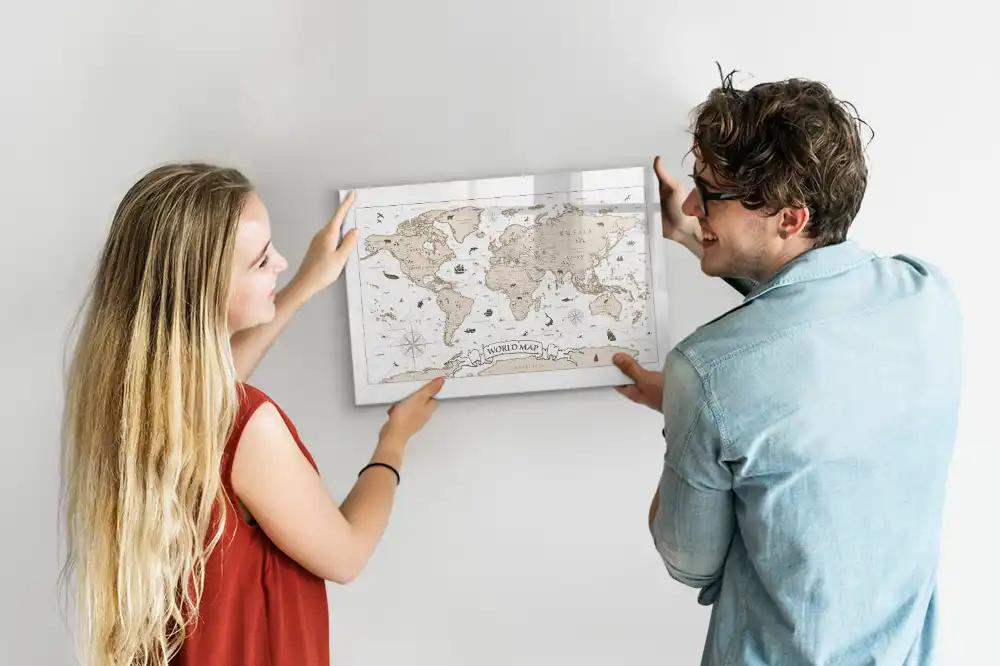 Tableau blanc magnétique effaçable à sec avec carte du monde ancienne