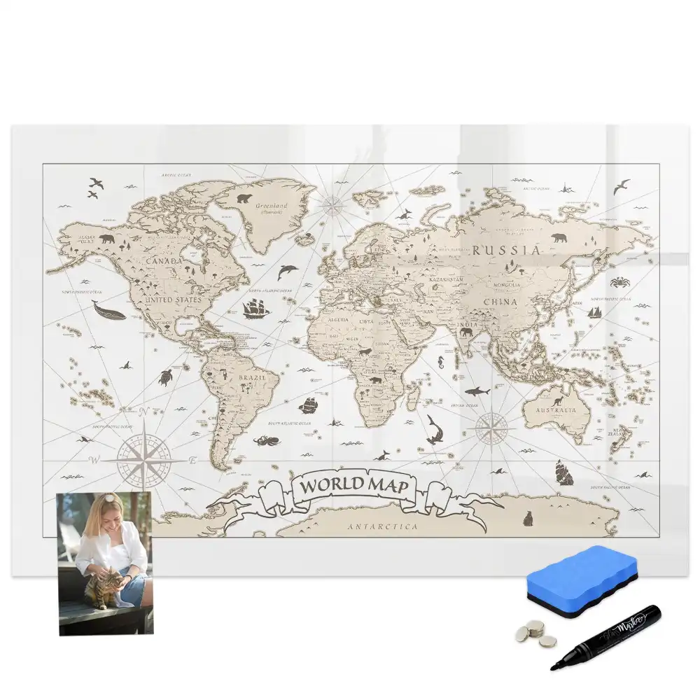 Tableau blanc magnétique effaçable à sec avec carte du monde ancienne