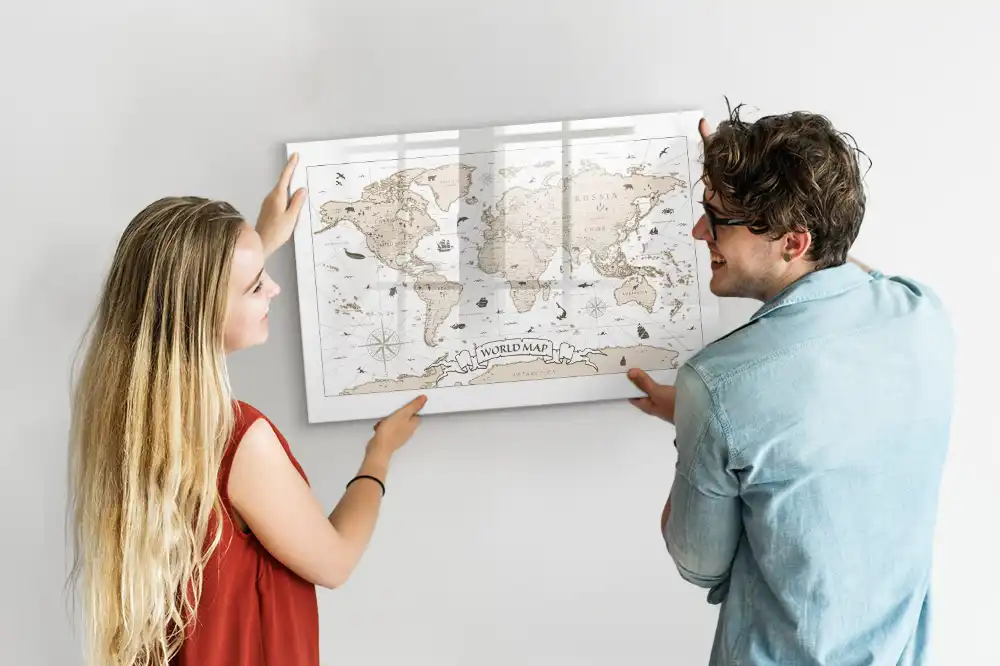 Tableau blanc magnétique effaçable à sec avec carte du monde ancienne