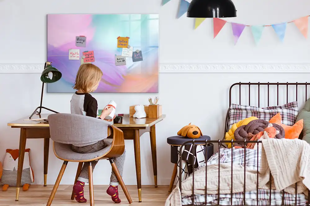 Tableau blanc magnétique effaçable à sec à motif de plumes d'oiseaux multicolores