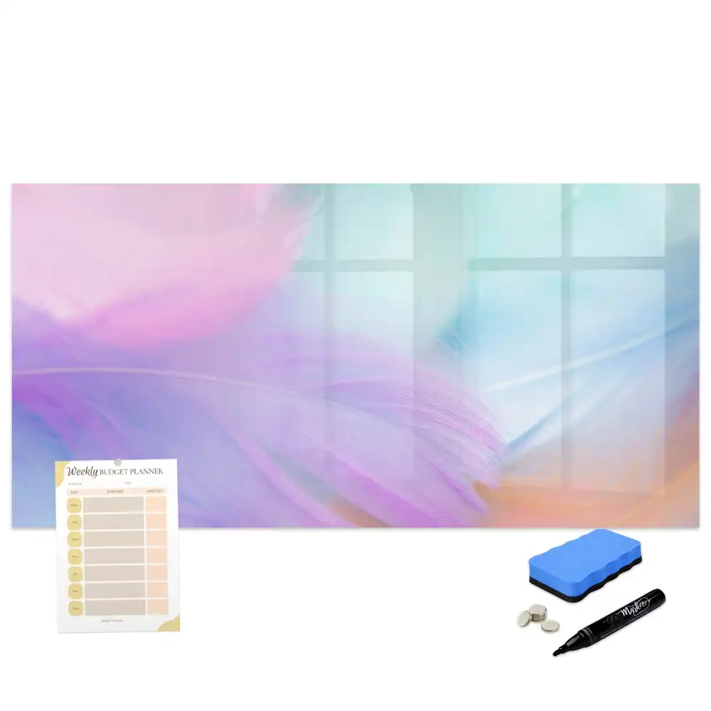 Tableau blanc magnétique effaçable à sec à motif de plumes d'oiseaux multicolores