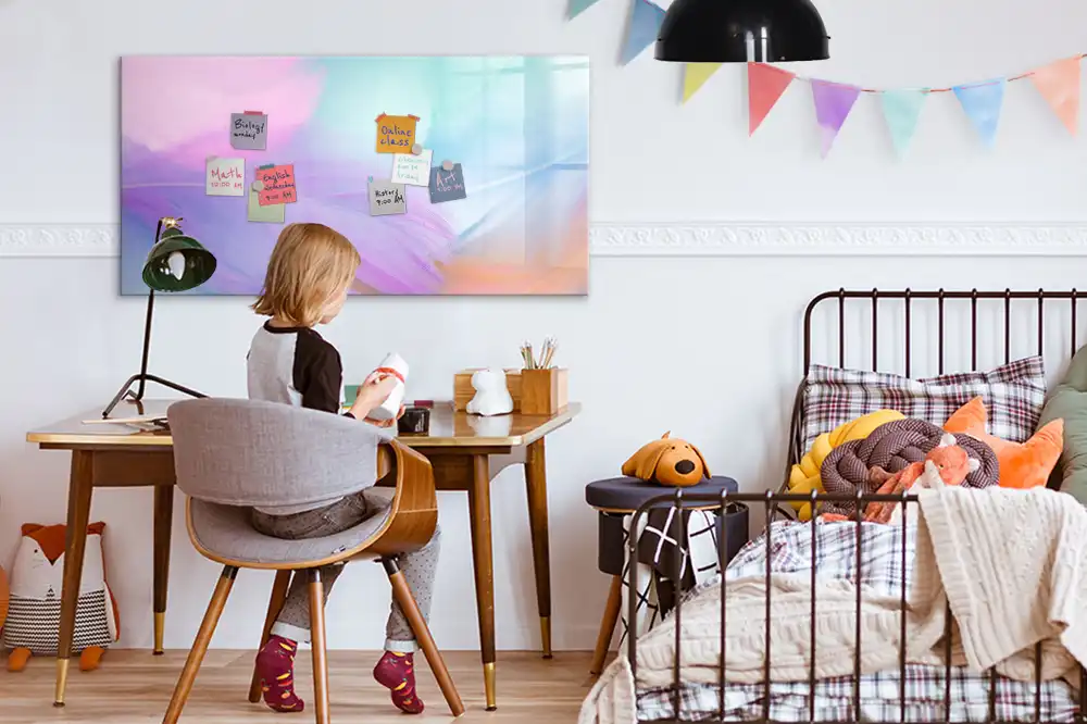 Tableau blanc magnétique effaçable à sec à motif de plumes d'oiseaux multicolores