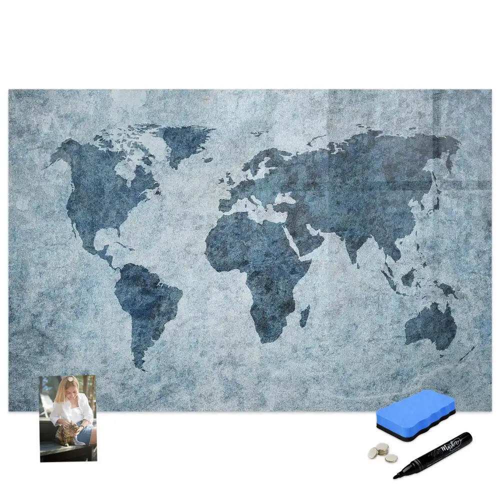 Tableau blanc magnétique effaçable à sec avec carte du monde sur toile