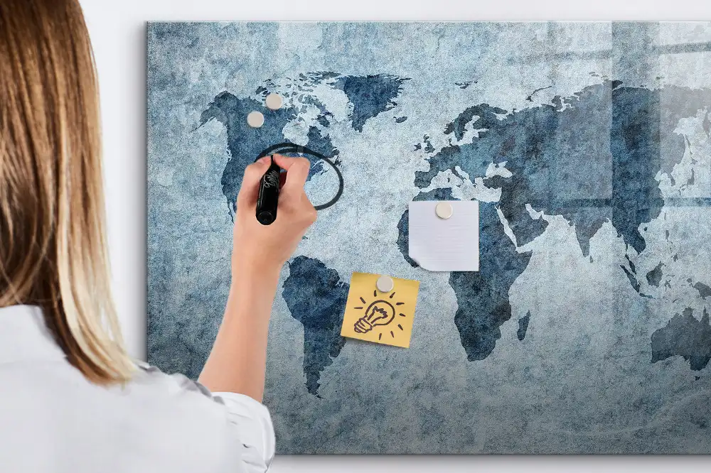 Tableau blanc magnétique effaçable à sec avec carte du monde sur toile