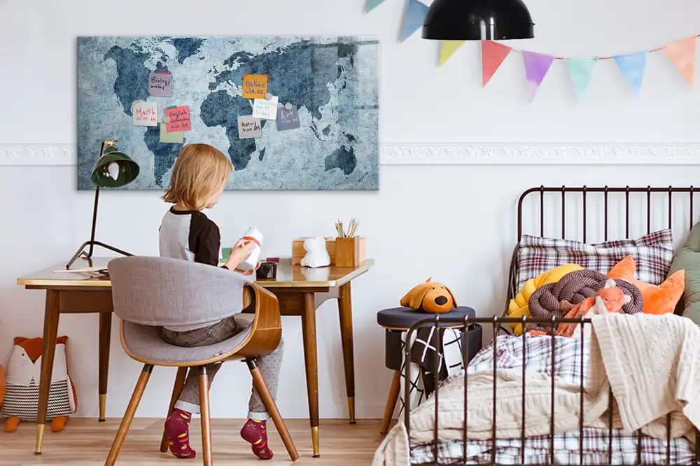 Tableau blanc magnétique effaçable à sec avec carte du monde sur toile
