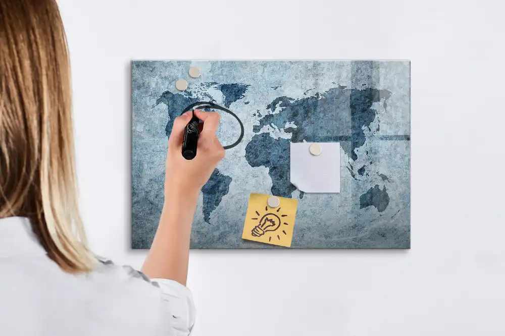 Tableau blanc magnétique effaçable à sec avec carte du monde sur toile