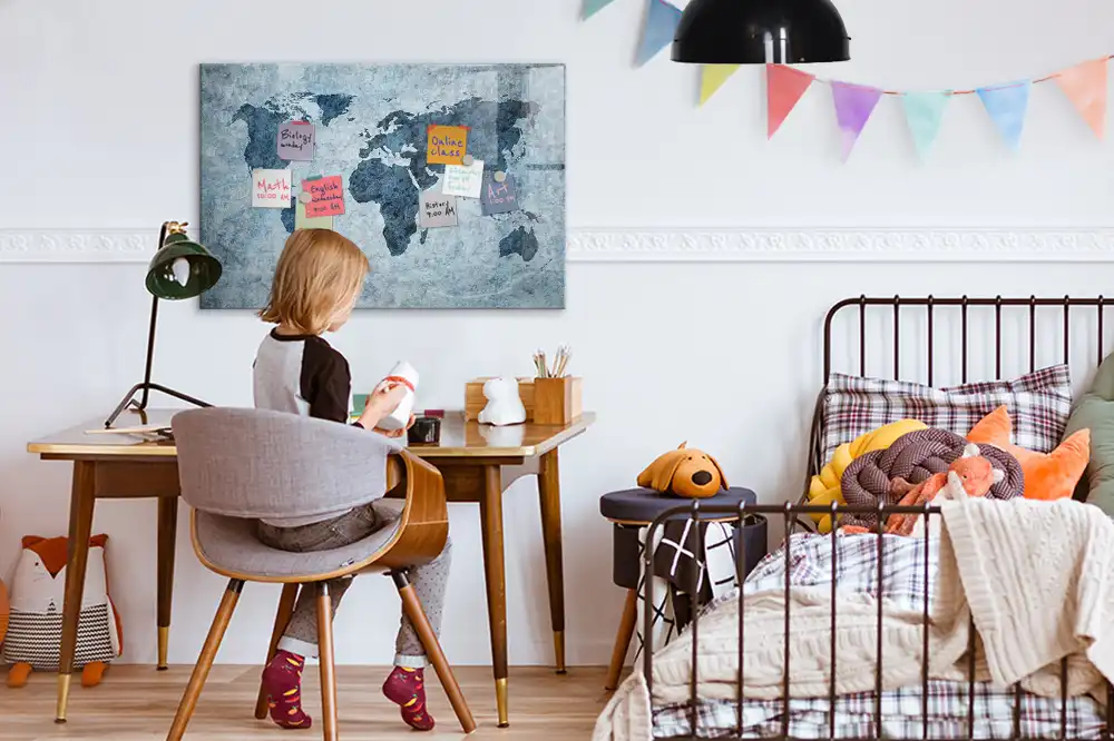 Tableau blanc magnétique effaçable à sec avec carte du monde sur toile