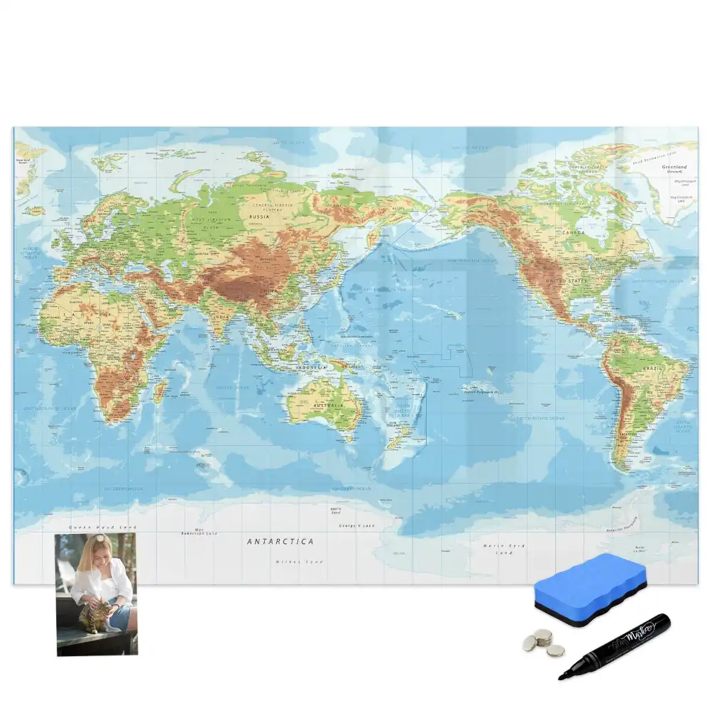 Tableau blanc magnétique effaçable à sec avec carte du monde physique