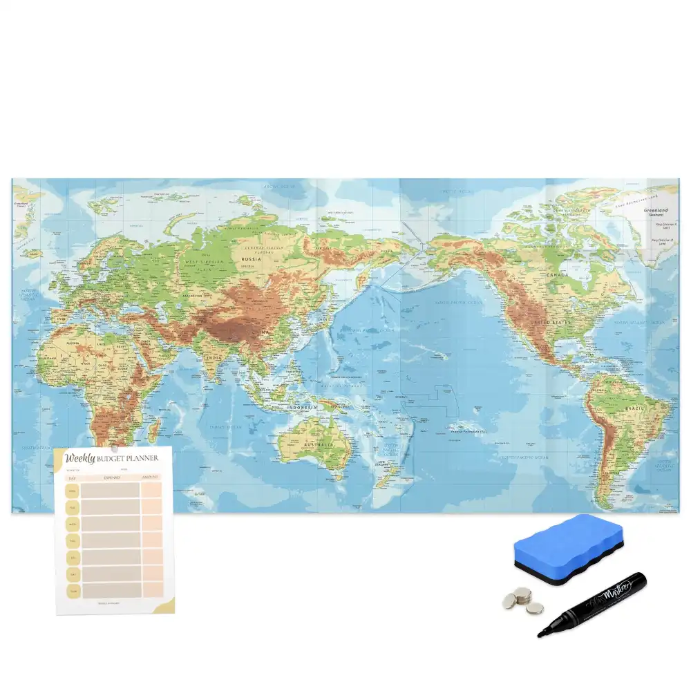 Tableau blanc magnétique effaçable à sec avec carte du monde physique