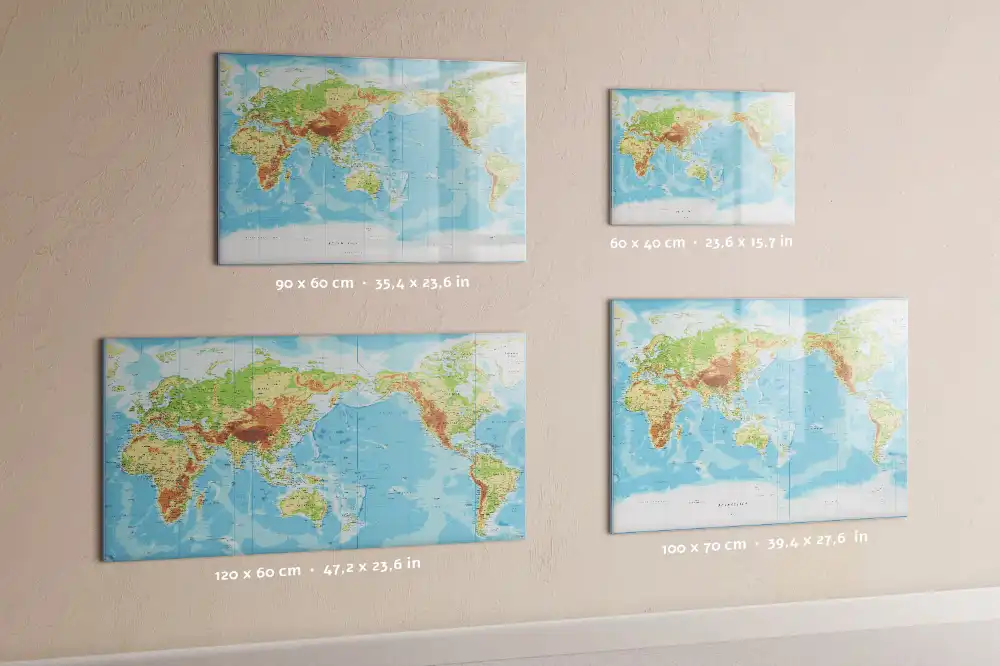 Tableau blanc magnétique effaçable à sec avec carte du monde physique