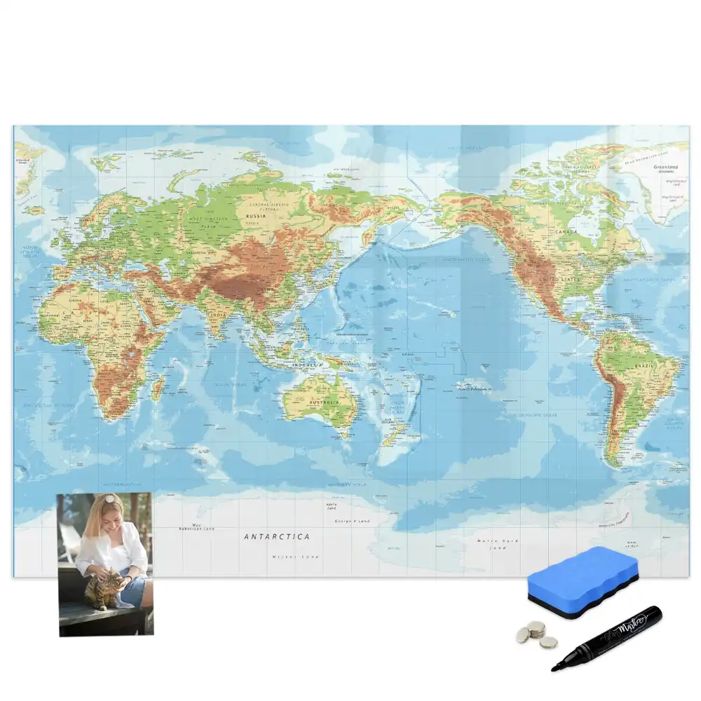 Tableau blanc magnétique effaçable à sec avec carte du monde physique