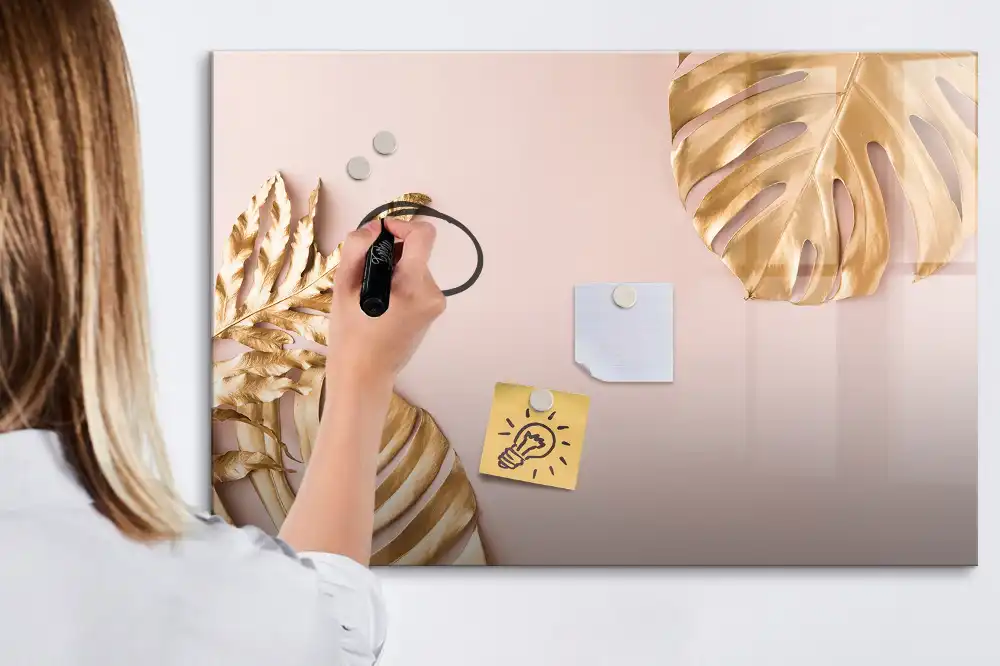 Tableau blanc magnétique effaçable à sec à motif de feuilles tropicales dorées