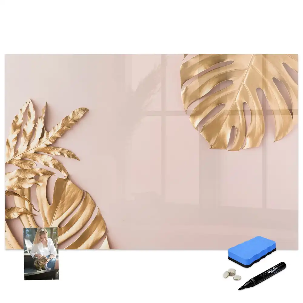 Tableau blanc magnétique effaçable à sec à motif de feuilles tropicales dorées