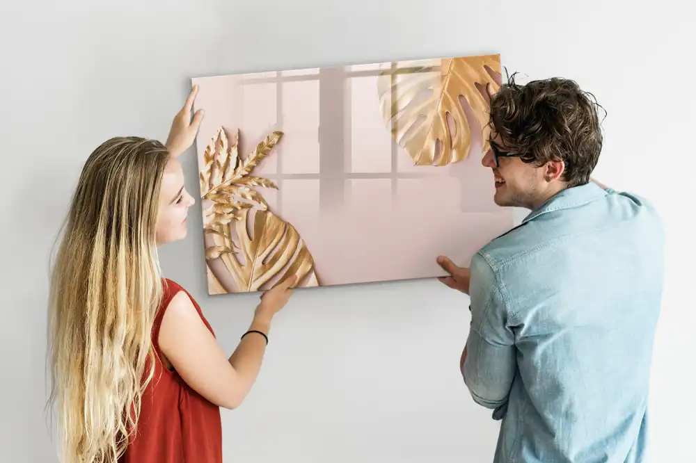 Tableau blanc magnétique effaçable à sec à motif de feuilles tropicales dorées