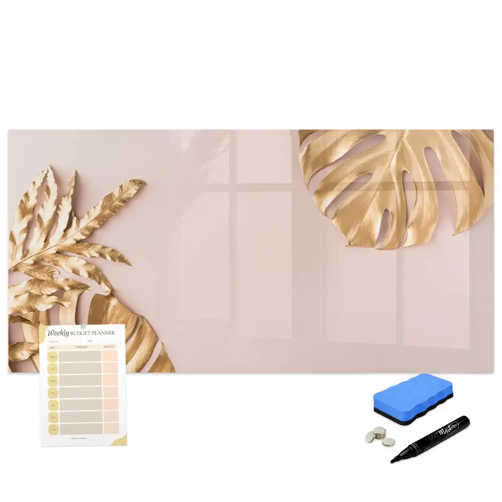Tableau blanc magnétique effaçable à sec à motif de feuilles tropicales dorées