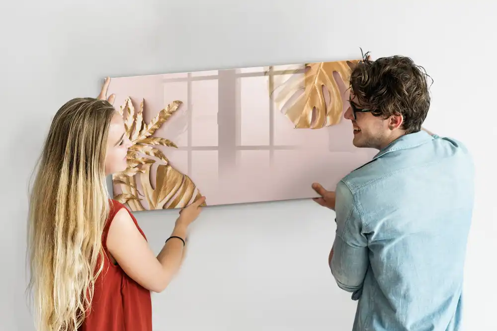 Tableau blanc magnétique effaçable à sec à motif de feuilles tropicales dorées