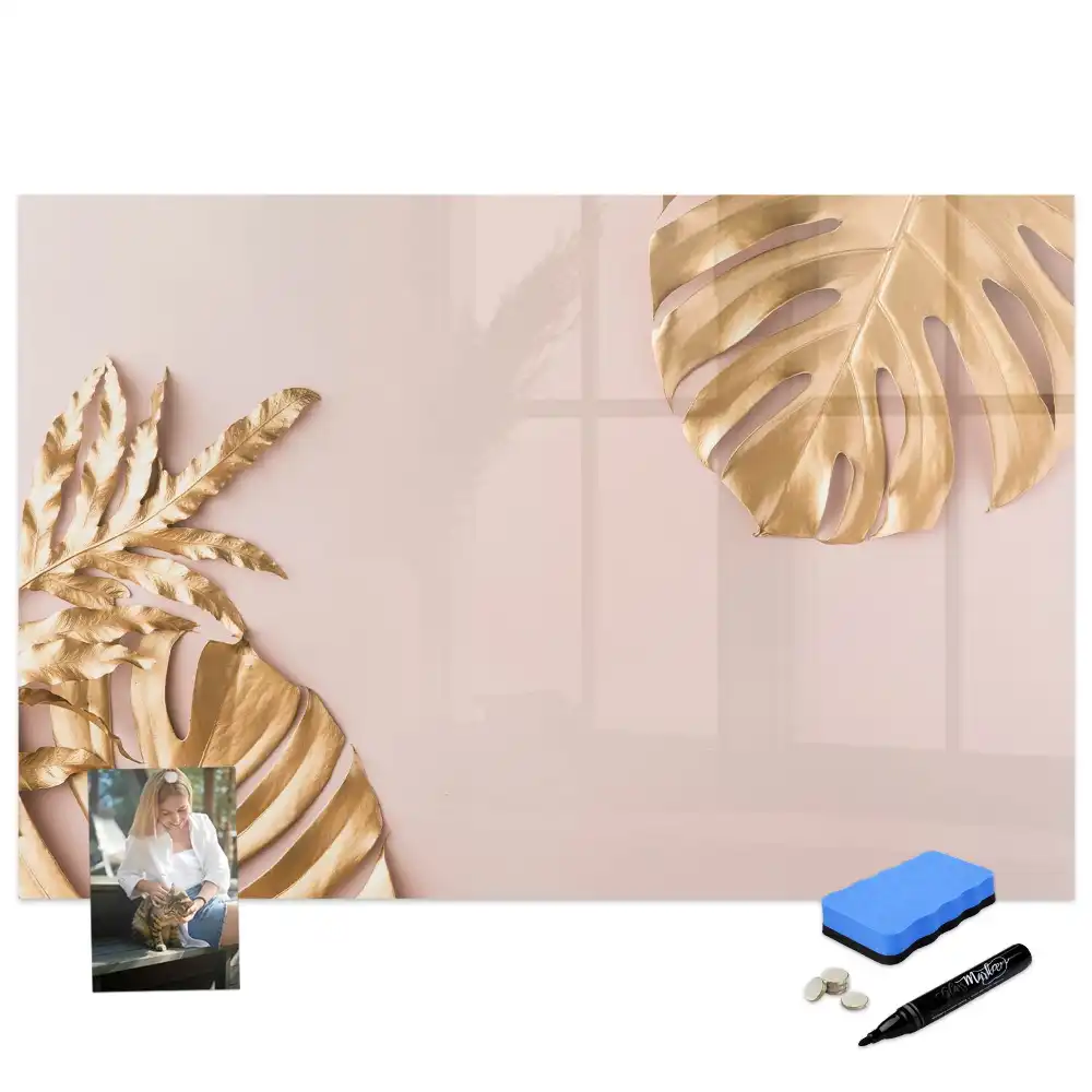 Tableau blanc magnétique effaçable à sec à motif de feuilles tropicales dorées